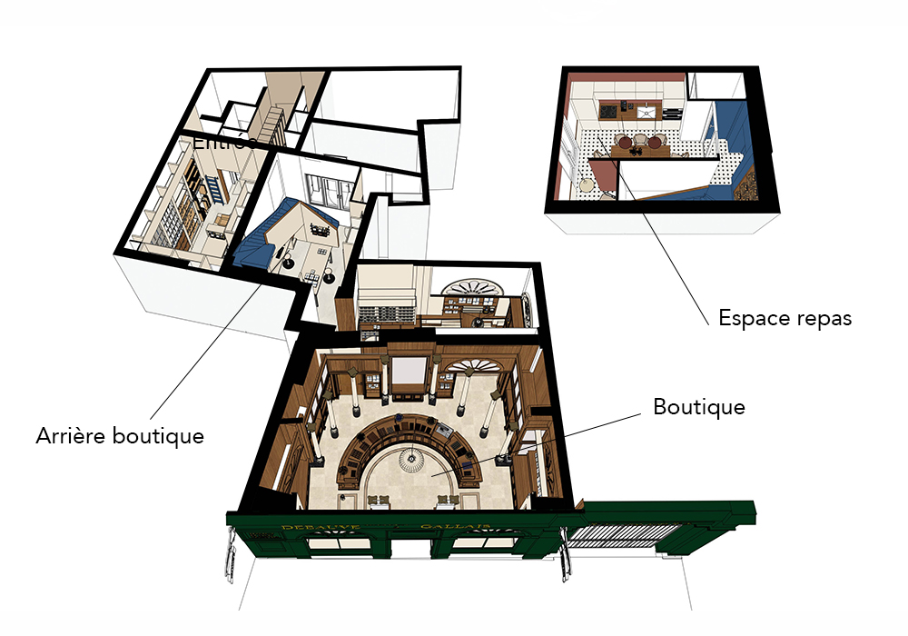 page projet axonométrie debauve et gallais commerce